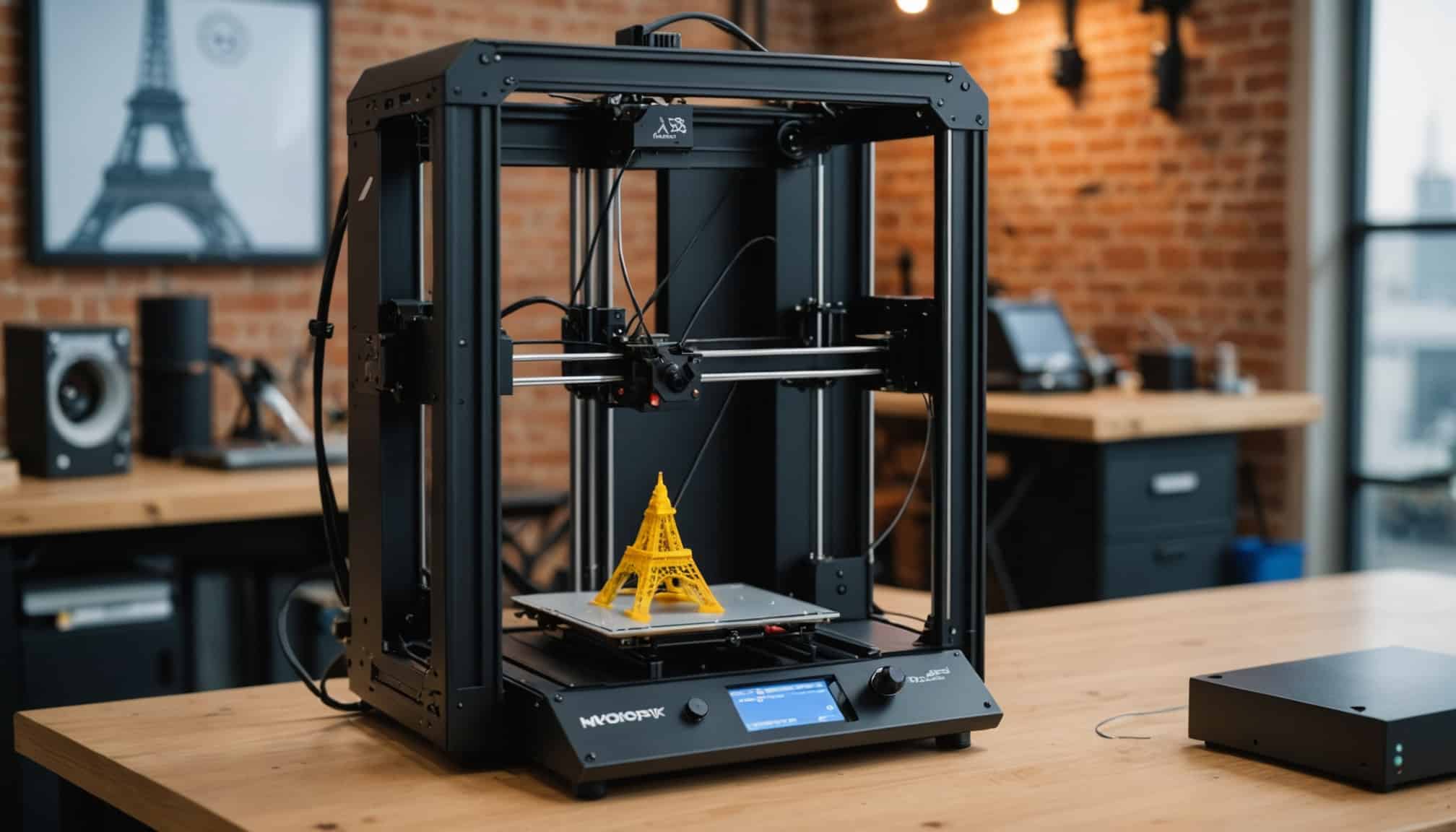 Imprimante 3D compacte avec une structure en delta  
Modèle Mini Delta de Monoprice en pleine impression