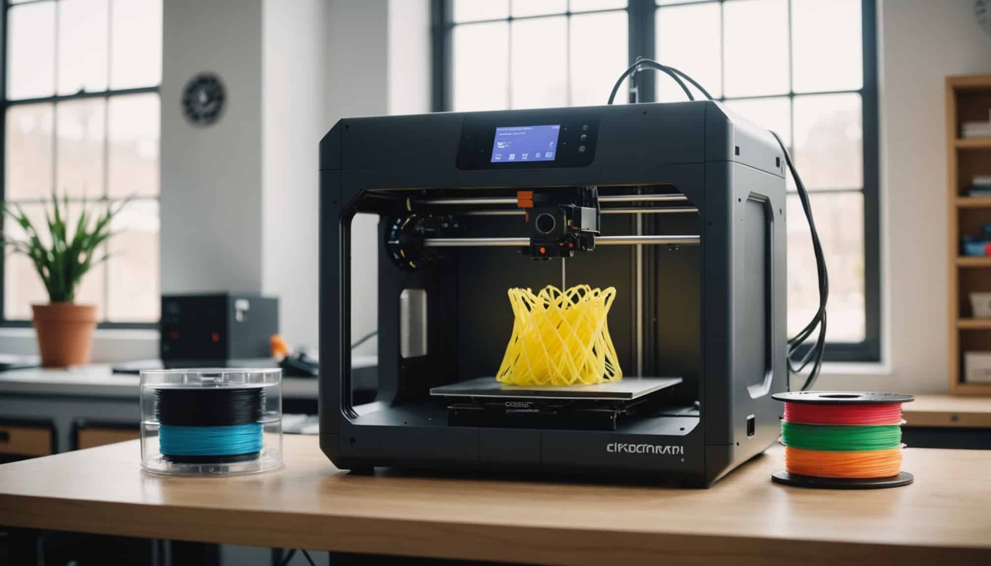 Imprimante 3D posée sur un bureau avec accessoires